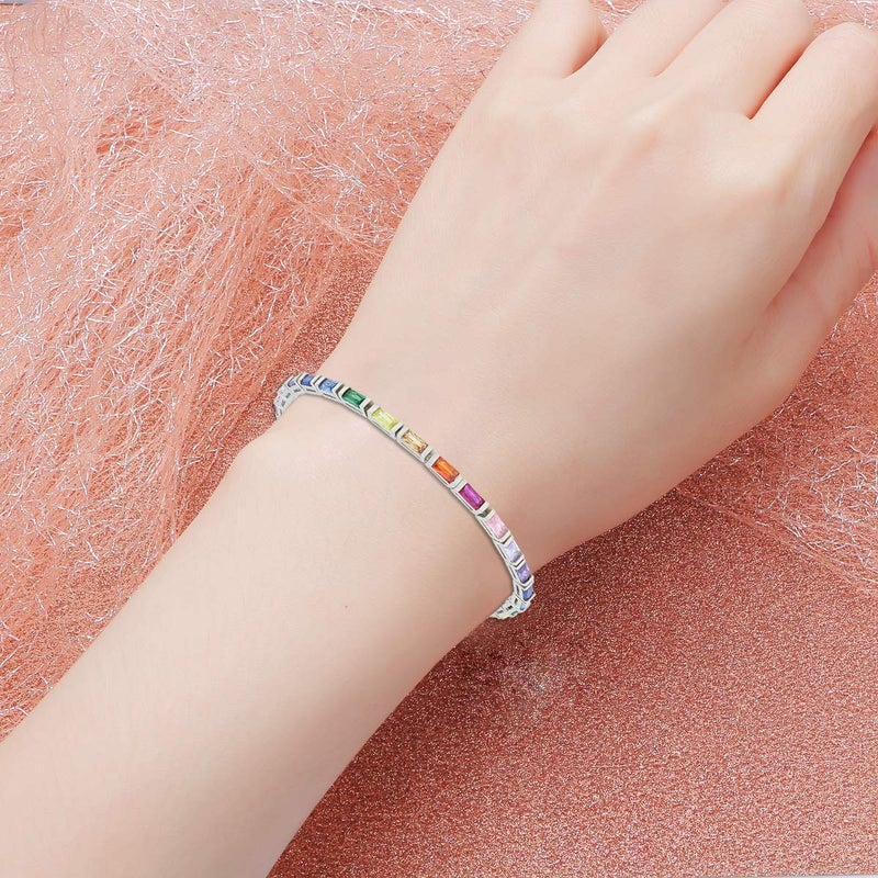 AFFY 14k White Gold Plated 925 Sterling Silver Colourful Rainbow Baguette Sparkling Multi Color Gemstone Tennis Bracelet for Women (6.5, White-gold-plated-silver) - Image 3